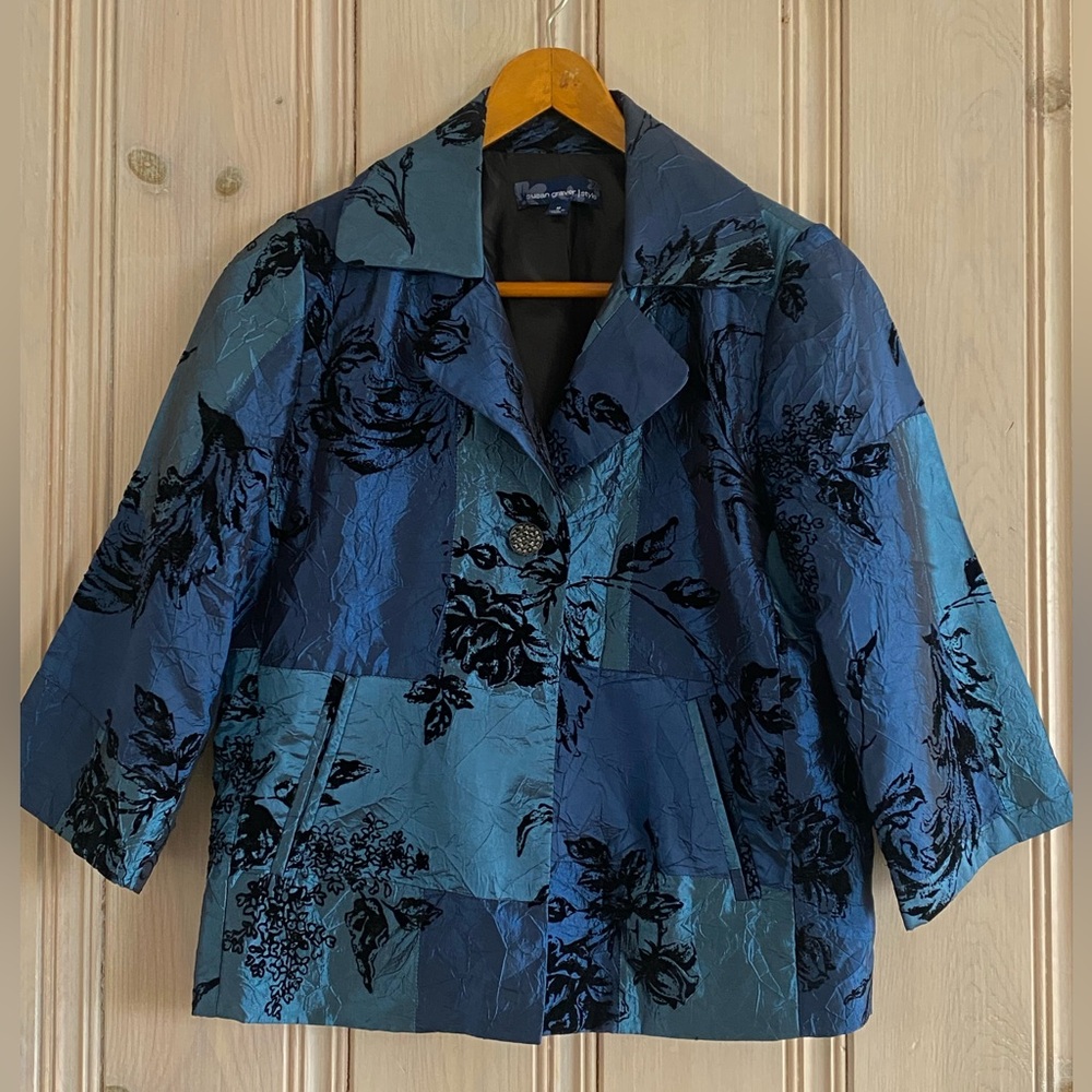 Vintage Susan Graver Blue and Black Floral Blazer